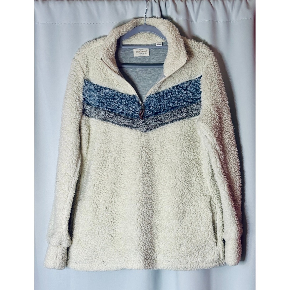 Weatherproof Vintage Cream Sherpa Quarter Zip Pullover Blue Chevron Stripe M